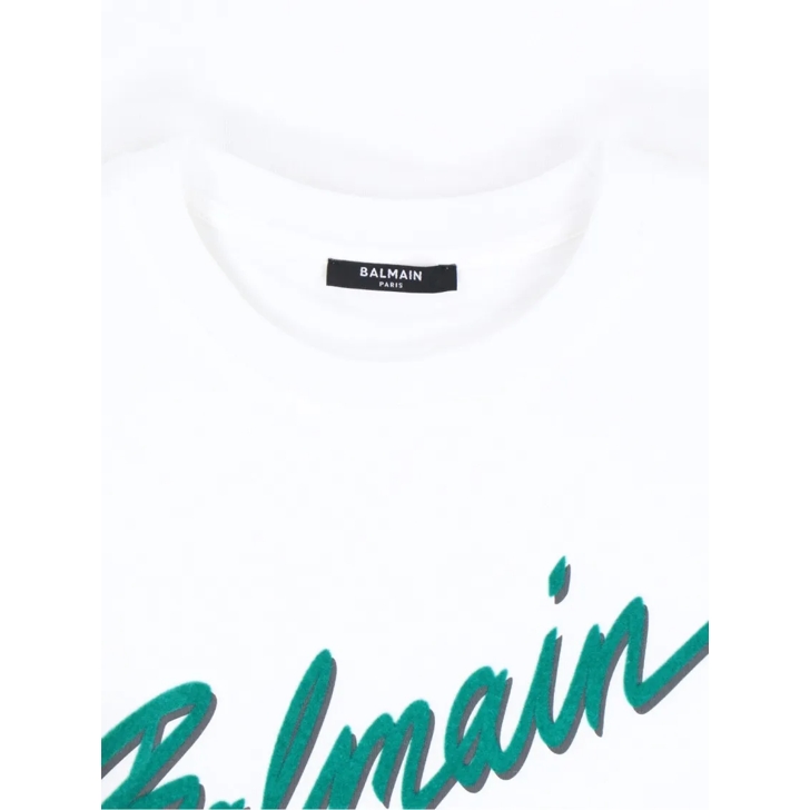 Tシャツ・カットソー Balmain Crew Neck T-Shirt With Bold Green Logo Print Balmain Crew Neck T-Shirt With Bold Green Logo Print White