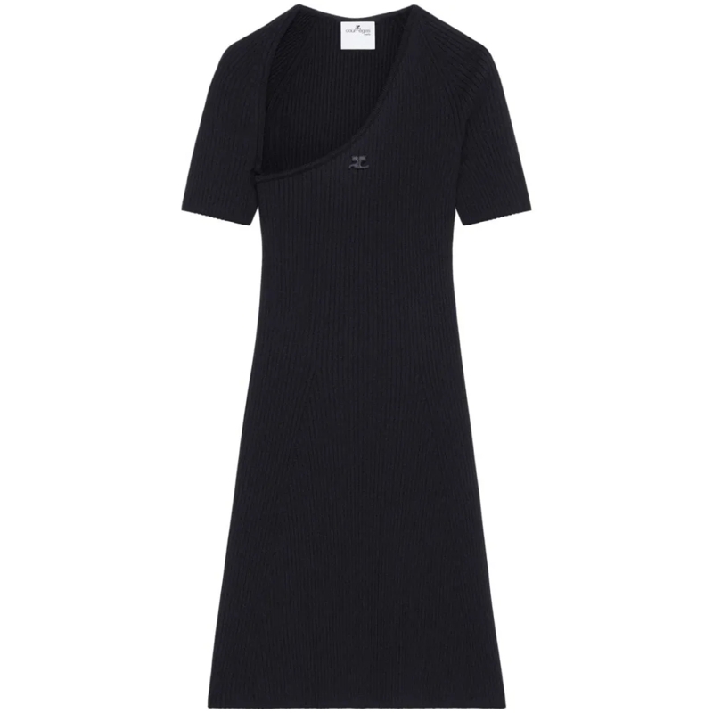 Courrèges Mini-jurk Asymmetric Neckline Ribbed Knit Mini Dress Black