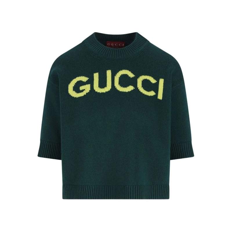 Gucci T-Shirt Cropped Knit Top With Ribbed Neckline Green