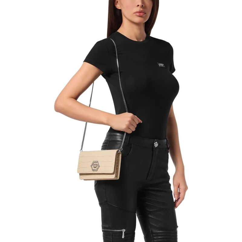 Philipp Plein Schultertasche Klappentasche Hexagon Crocco Geprägt beige(Image 3)