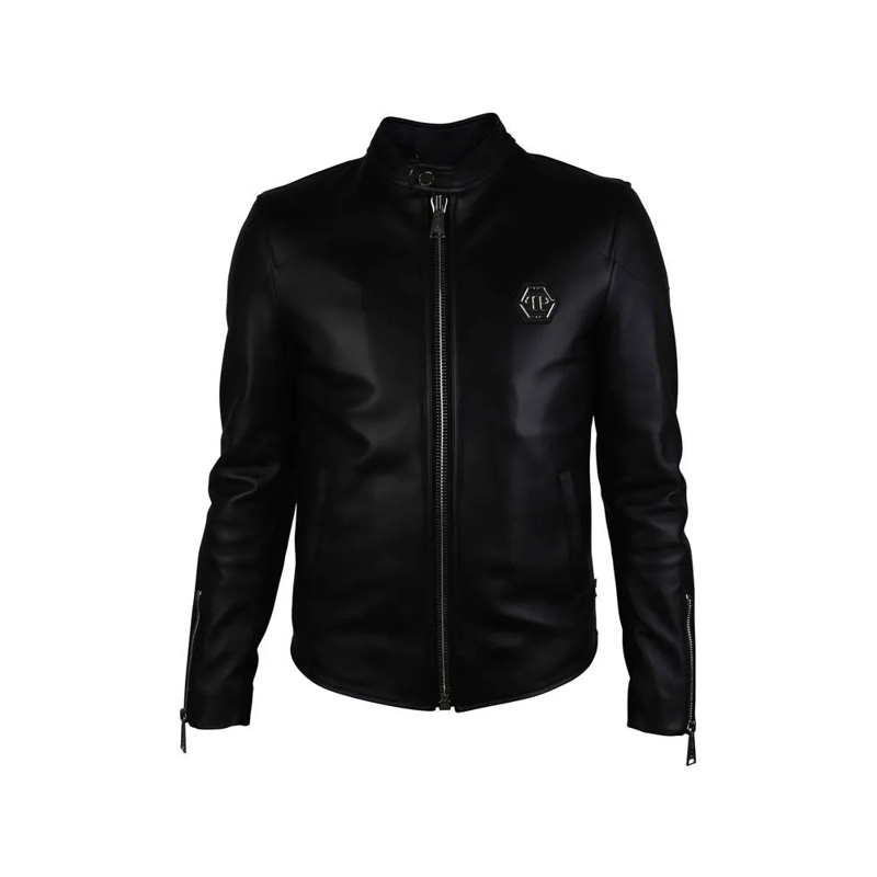 Philipp Plein Lederjacke Smooth Black Leather Biker Jacket Black