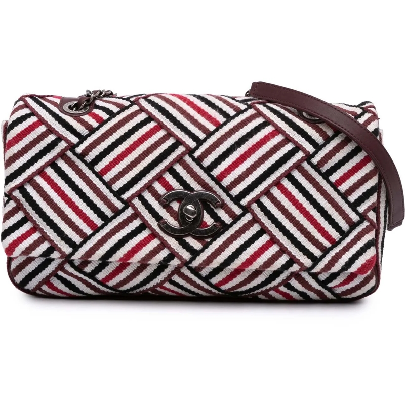 Chanel Sac à bandoulière CC Canvas Stripe Flap weiß