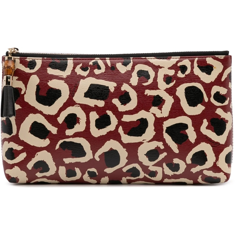 Gucci Pochette Leopard Print Leather Bamboo Clutch rot