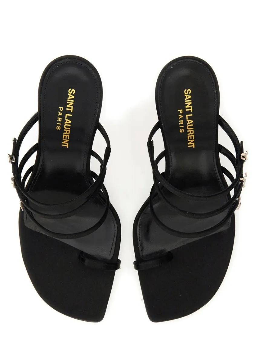 Thumbnail - Saint Laurent Sandalen - High Stiletto Sandal With Metallic Letter Accents - Gr. 37 (EU) - in Grau - für Damen
