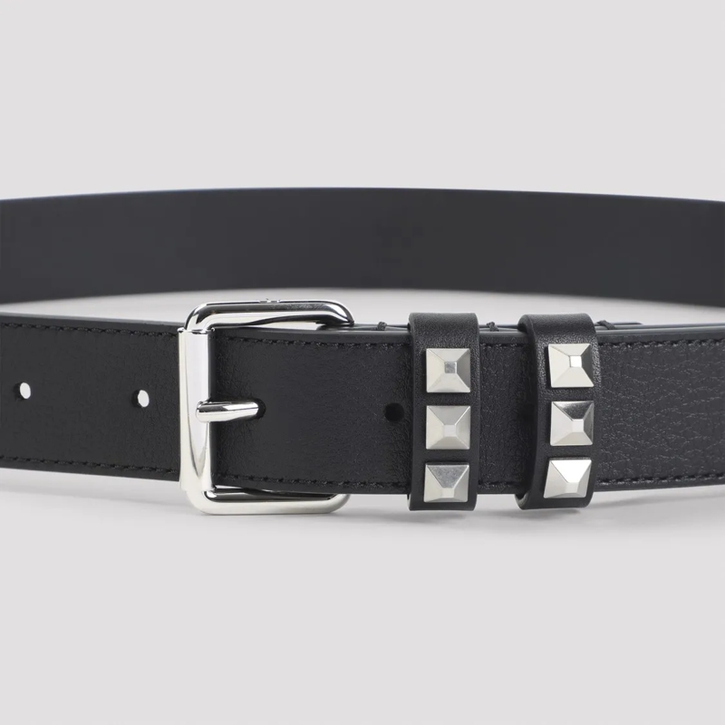 Valentino Garavani Riem Calf Leather Belt With Silver Stud Details Black