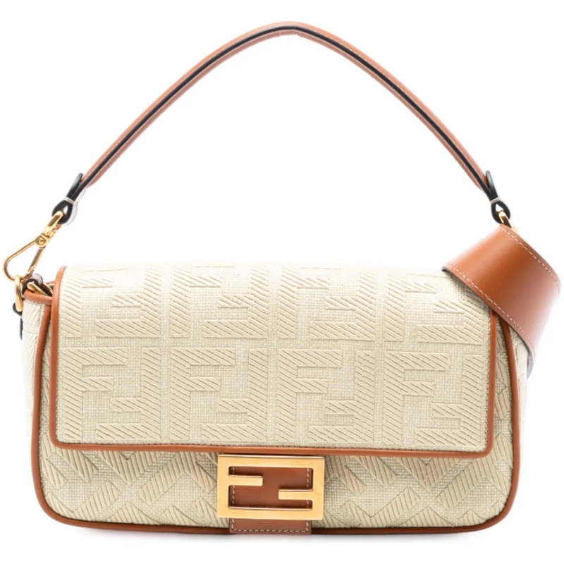 Fendi Schultertasche Zucca Embroidered Raffia Baguette Satchel braun