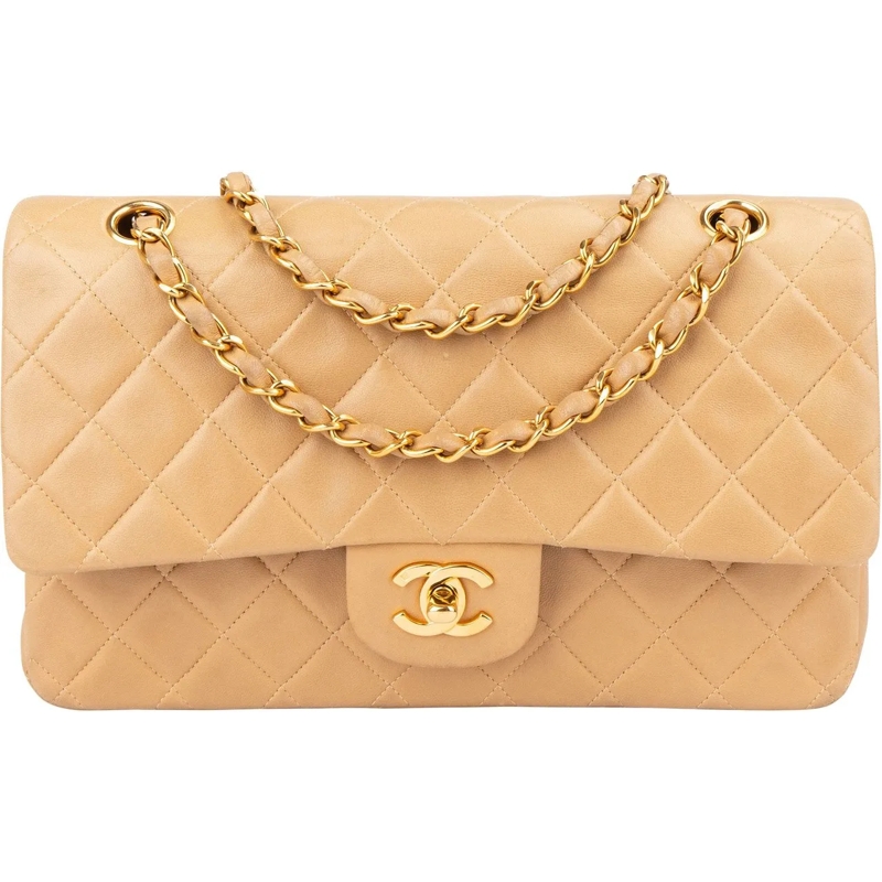 Chanel Schultertasche Chanel Quilted Lambskin 24K Gold Medium Double Fla beige