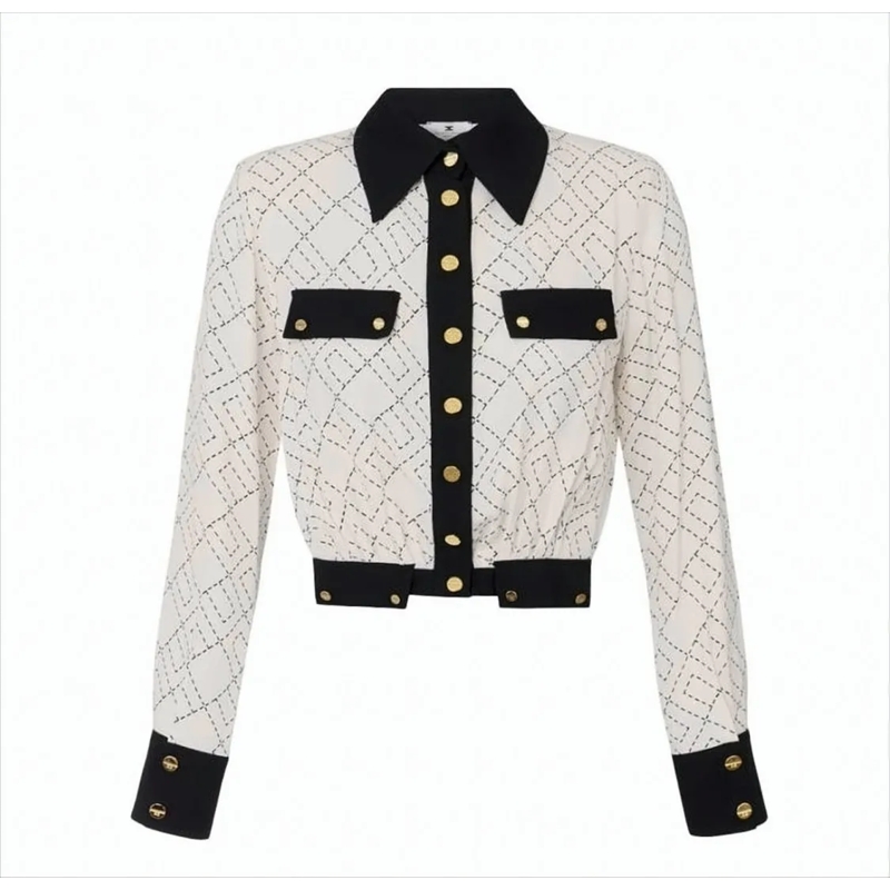 Elisabetta Franchi Overhemd Two-Tone Cropped Georgette Shirt With Applique Det White