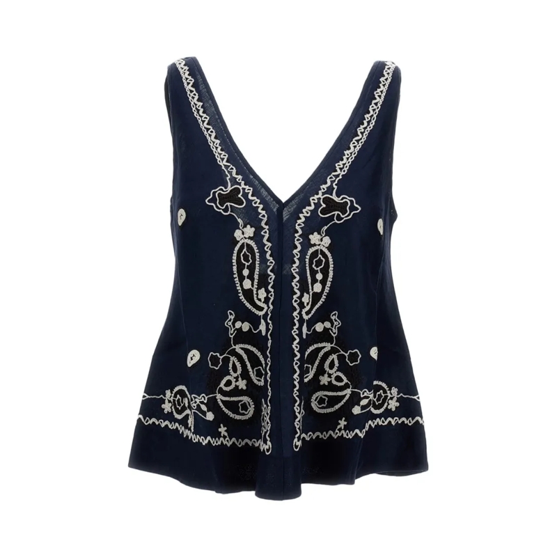 P.A.R.O.S.H. Chemisier Intricately Embroidered Blue Linen Top With V-Neck Blue