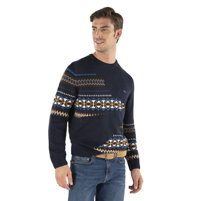 Harmont & Blaine Trui Crewneck Sweater With Multicolored Braids Blue
