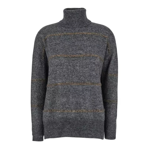 Brunello Cucinelli Grey High Neck Sweater With Stripe Motif In Alpaca Grey 