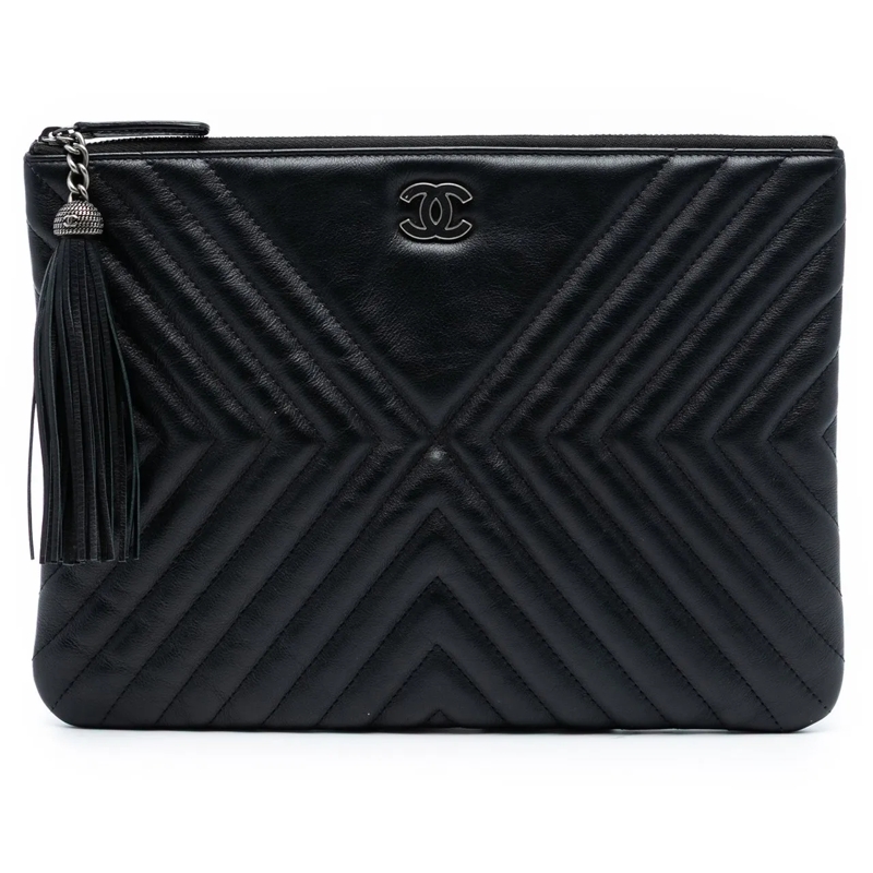 Chanel Clutch Medium Diagonal Chevron Calfskin Tassel O Case Clu schwarz