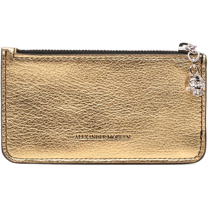 Alexander McQueen Geldbörse Metallic Leather Skull Charm Zip Card Holder gold