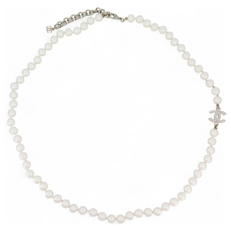 Chanel Mittellange Halskette NEUE CHANEL CC LOGO SILBERNE PERLENKETTE MIT STRAS silber