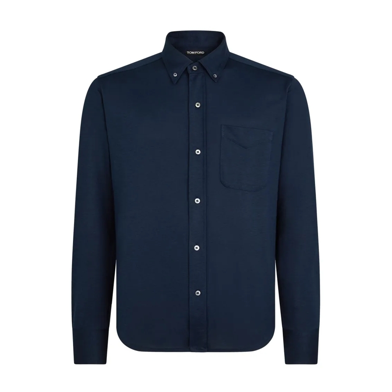 Tom Ford Hemd Navy Silk-Cotton Blend Button-Down Shirt Blue