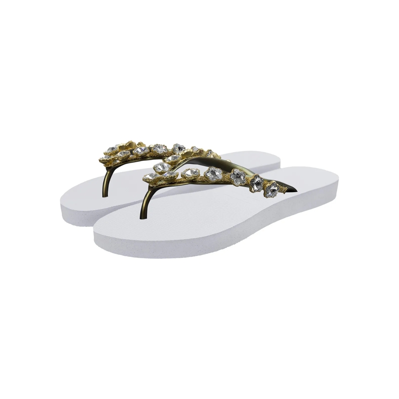 UZURII Flip Flops platte hausschuhe Chrystal Flower weiss