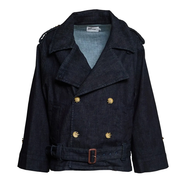 Self Portrait Jeansjacke Oversized Denim Trench Jacket With Double-Breasted Black