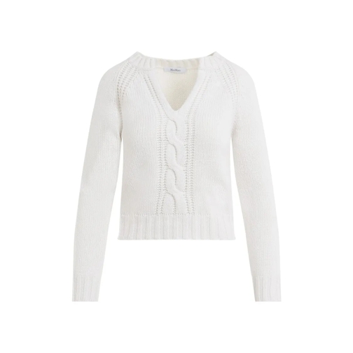 Max Mara Cream White Cashmere Cancan V-Neck Cable Sweater White Pullover