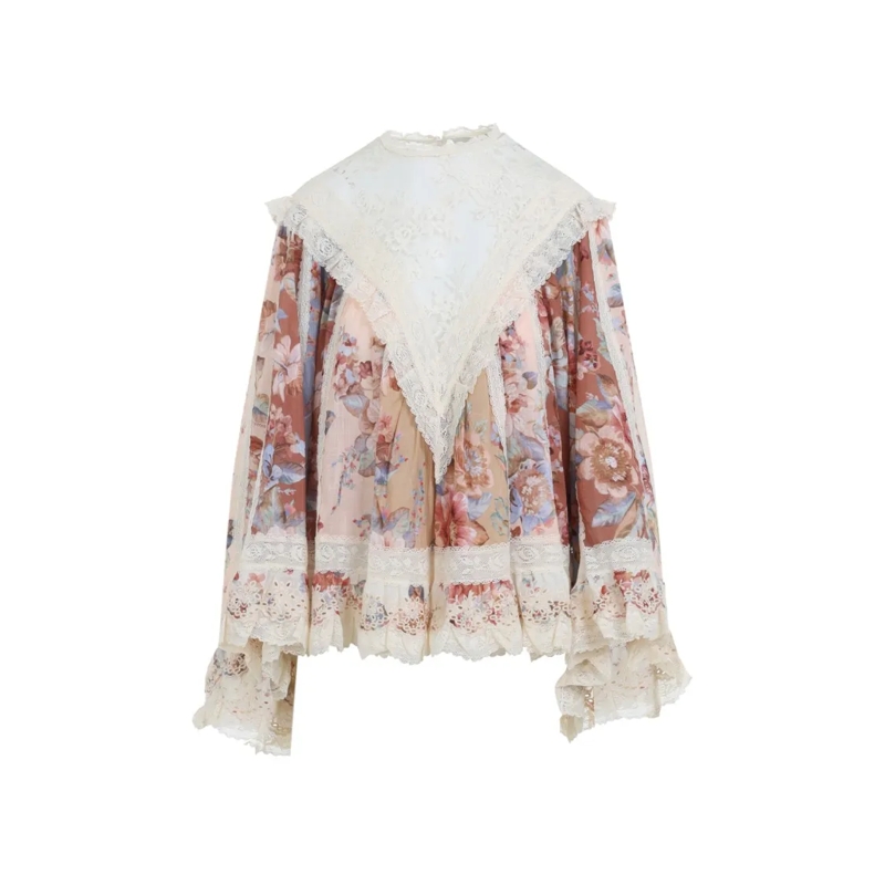 Zimmermann Blouse Multicolor Floral Print Blouse With Lace Yoke Pink