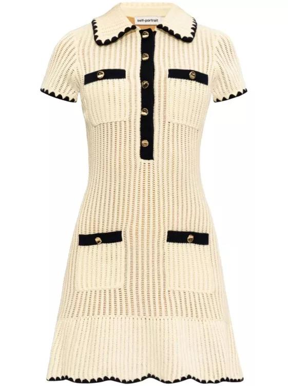 self-portrait - Decorative Buttons Ribbed Knit Minidress - Größe L - beige