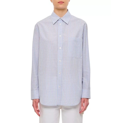 Bottega Veneta Cotton Linen Woven Check Shirt Blue 