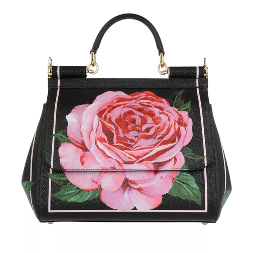 Dolce&Gabbana Sicily Roses Tote Bag Medium Dauphine Leather Black Rymlig shoppingväska