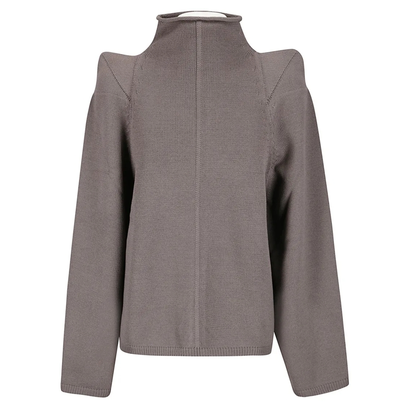 Rick Owens Rollkragenpullover High-Collared Thick Knit Wool Sweater With Geometr Grey