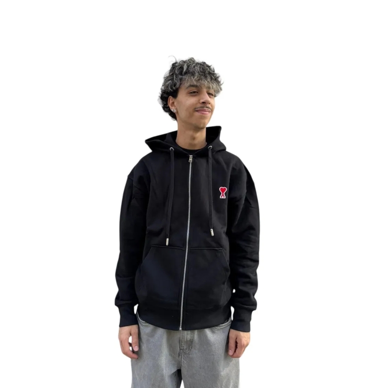 AMI Paris  Relaxed Fit Black Hoodie With Zip-Up Closure Black