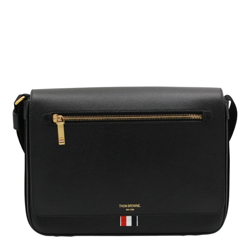 Thom Browne Schultertasche Black Leather Messenger Bag With Gold Hardware Black