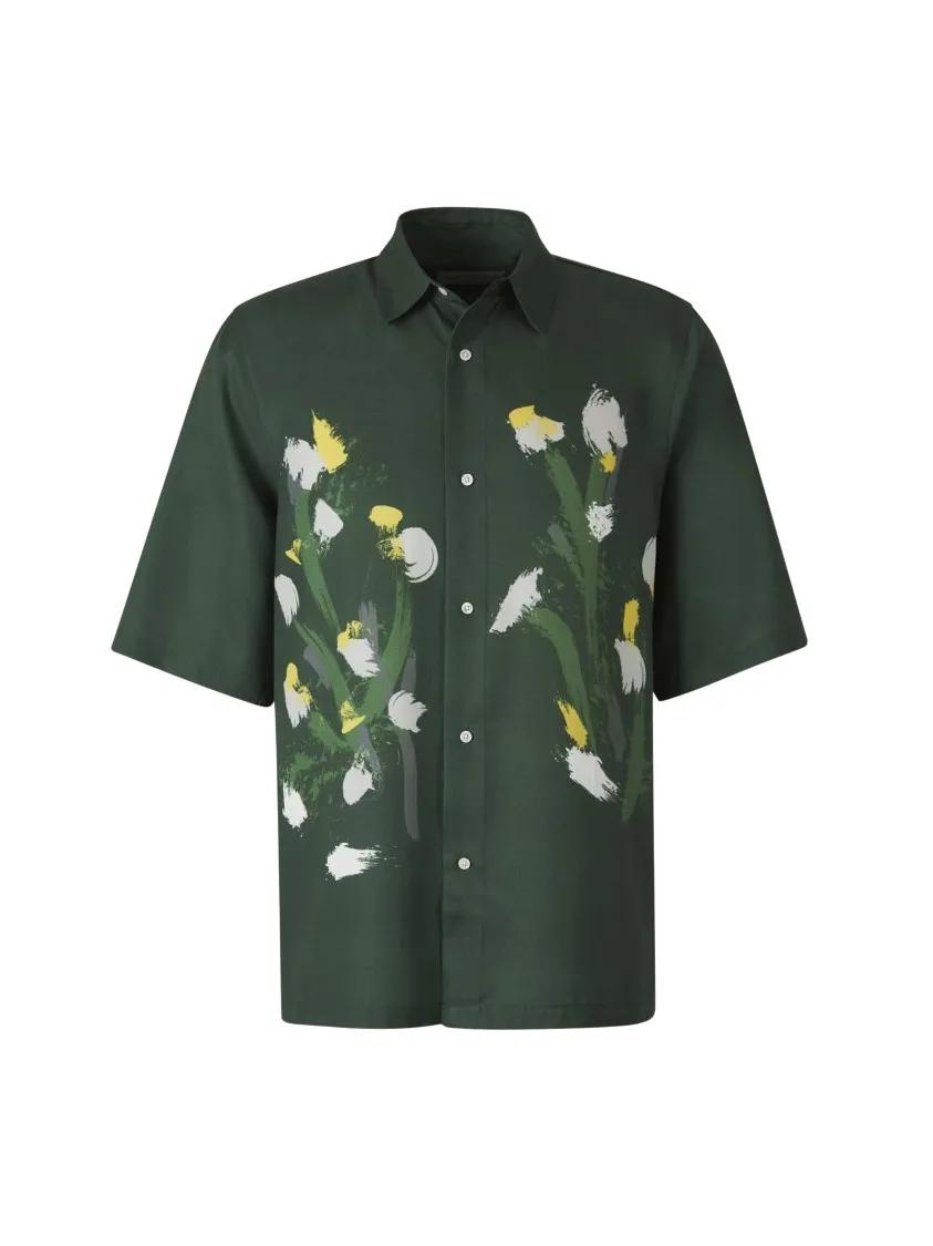 Thumbnail - Officine Generale - Short-Sleeved Satin Shirt With Watercolor Floral M - Größe XL - grün