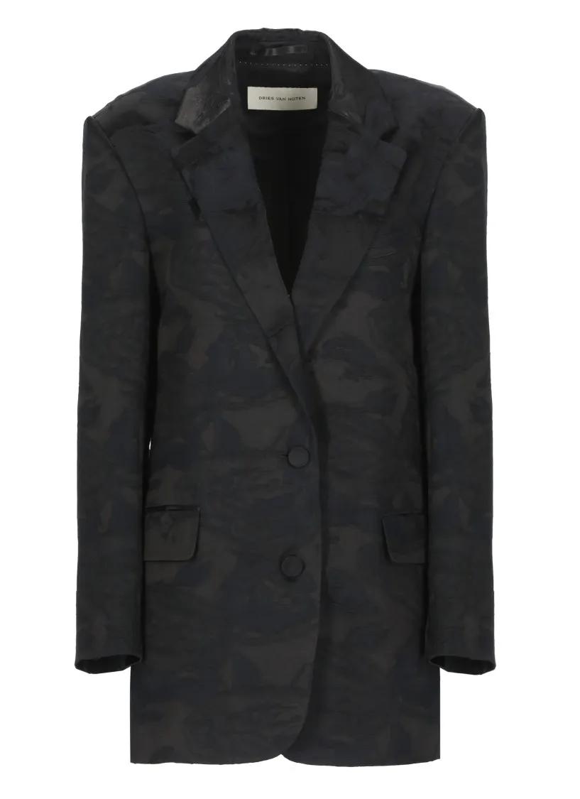 Thumbnail - Dries Van Noten - Contrasting Floral Pattern Satin Blazer - Größe M - schwarz