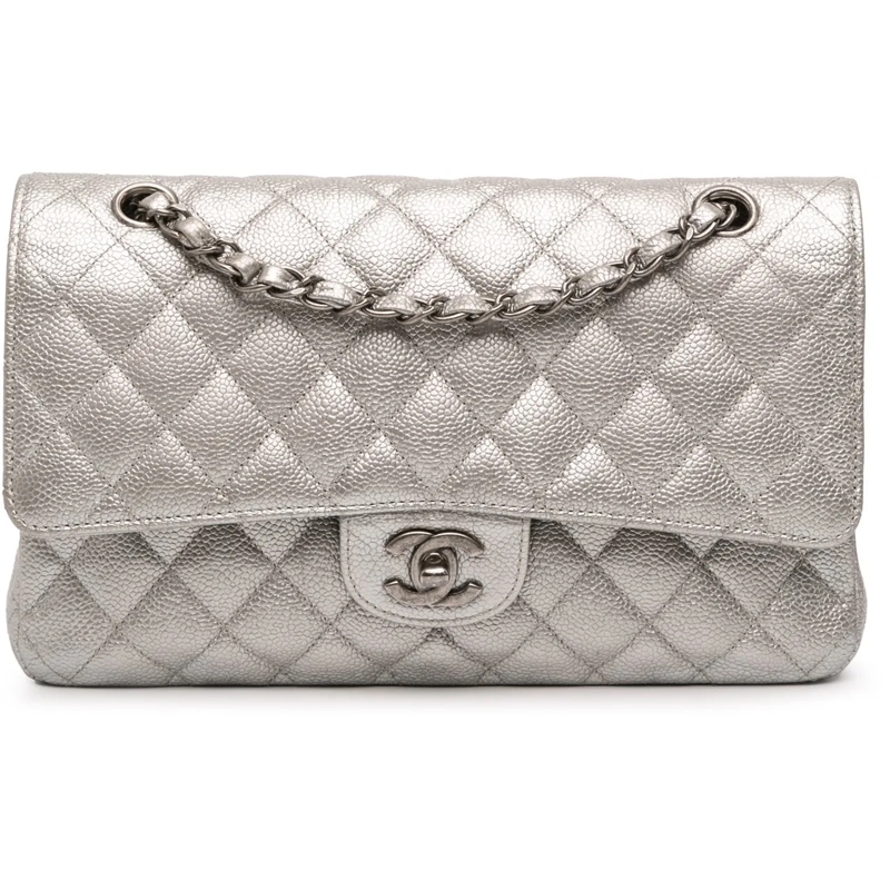 Chanel Sac à bandoulière Medium Classic Iridescent Caviar Double Flap silber