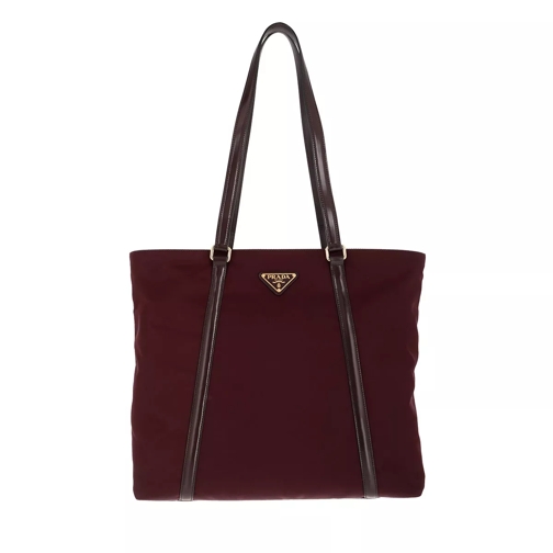 Prada Tote Bag Leather and Nylon Burgundy Rymlig shoppingväska