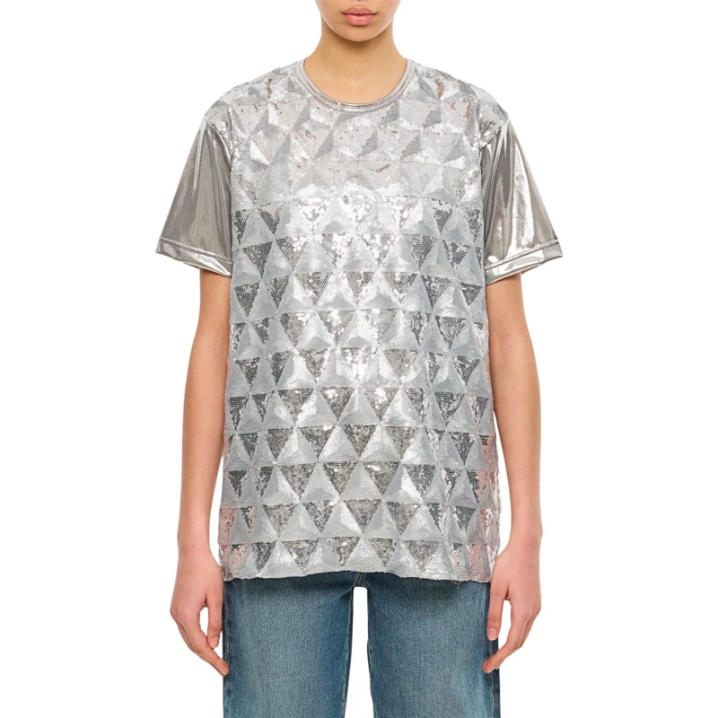 Junya Watanabe T-shirt Geometric Sequin-Embellished Crew-Neck T-Shirt Silver