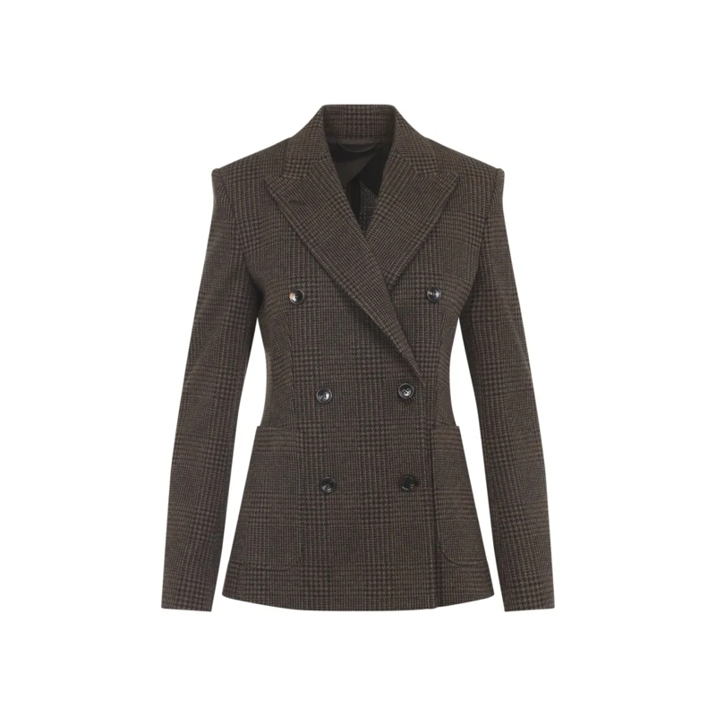 Max Mara Blazer Tailored Double-Breasted Checkered Jacket In Brown Grey