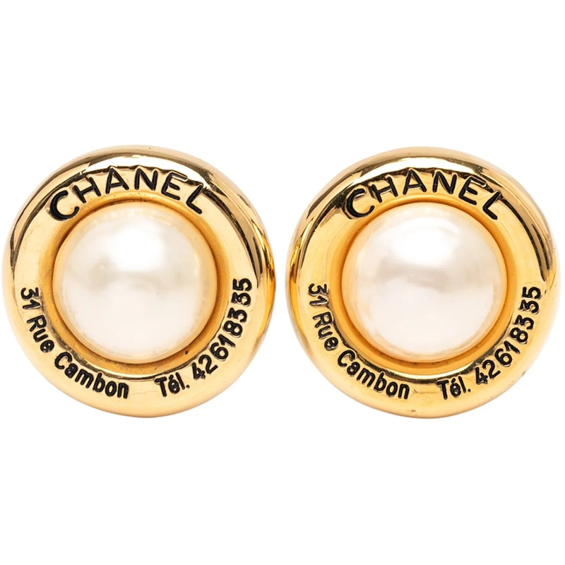 Chanel Creolen Gold Plated Faux Pearl Round Clip on Earrings gold