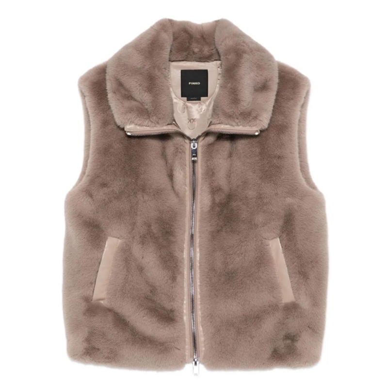 Pinko  Beige Faux Fur Vest With High Collar Brown