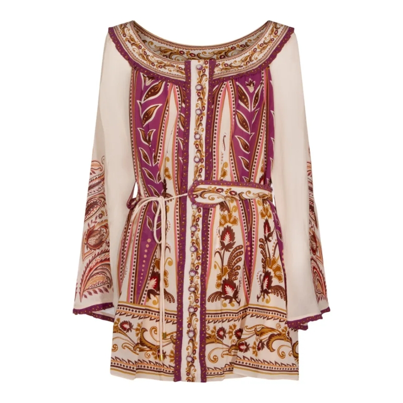 Farm Rio Mini-robe Flowing Pink Dress With Floral And Abstract Patter Brown