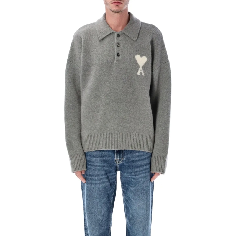 AMI Paris Trui Wool Polo Sweater Grey