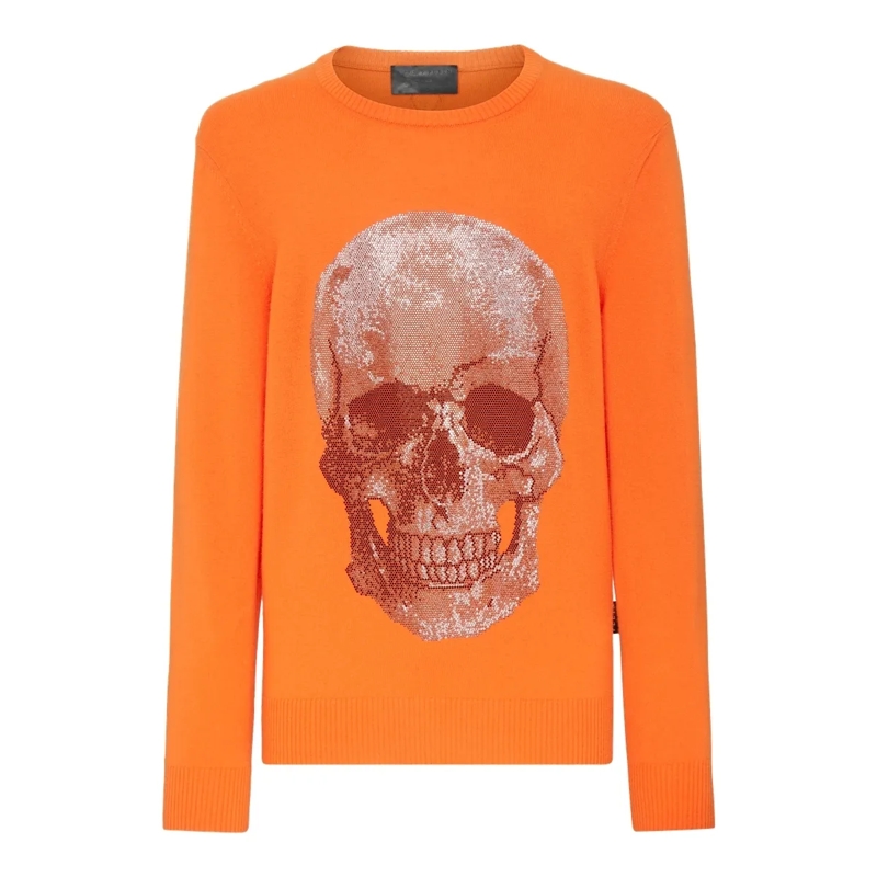 Philipp Plein Sweatshirt Rundhalspullover Iconic Plein Mit Schmucksteinen orange