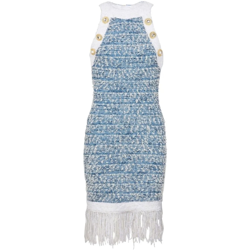 Balmain Minikleid Powder Blue And Optical White Tweed Mini Dress Grey