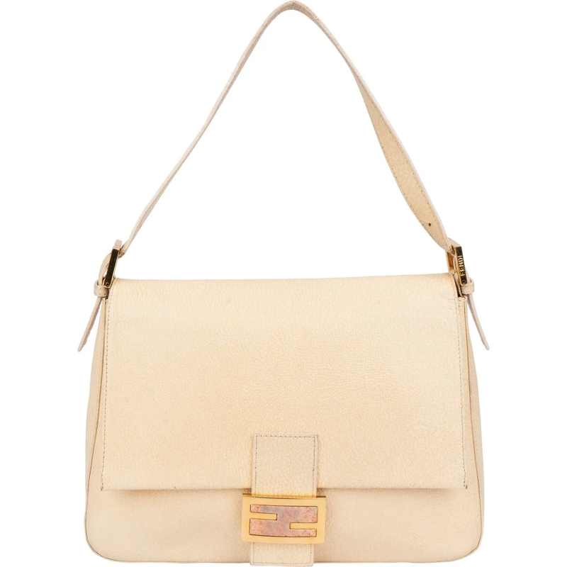 Fendi Tote Fendi Leather Crystal FF Buckle Baguette Mamma Han beige