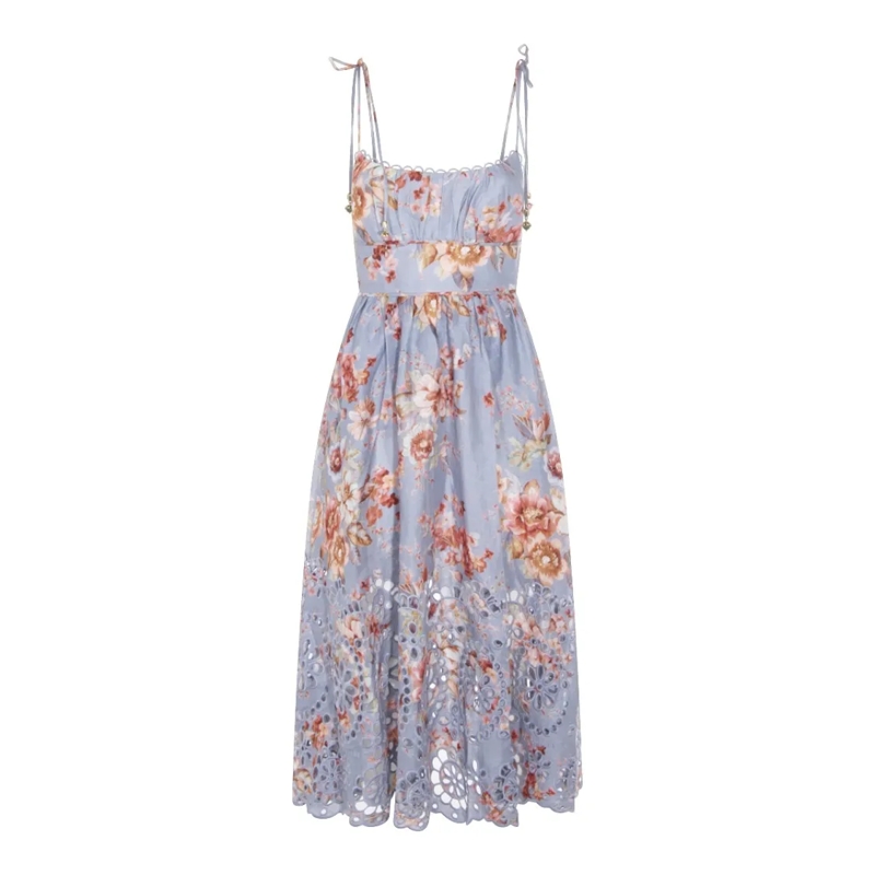 Zimmermann Midi-jurk Light Blue Floral Print Midi Dress Grey