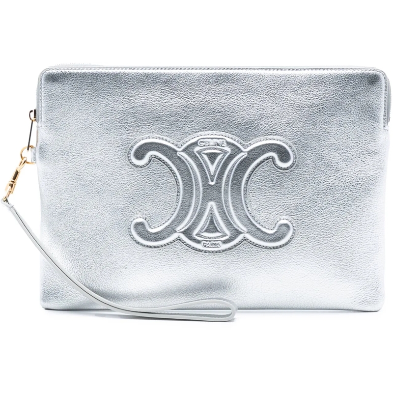 Celine Clutch Metallic Calfskin Cuir Triomphe Zip Pouch silber
