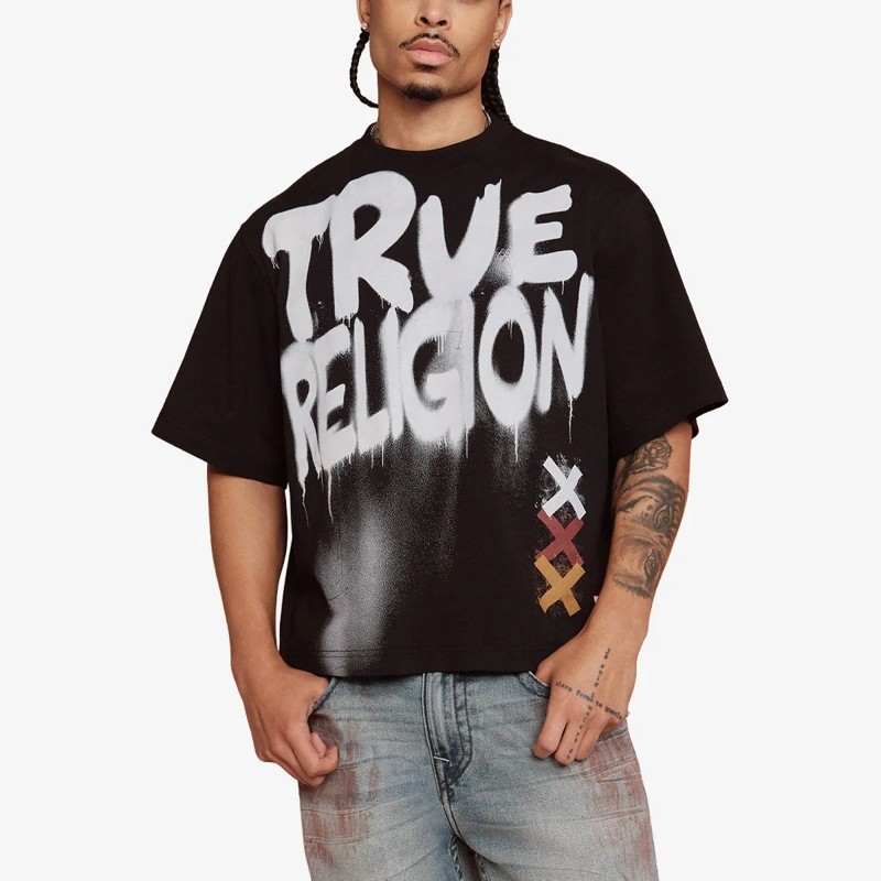 True Religion T-Shirt - Boxy T-Shirt- Rundhalsausschnitt- Markante Log schwarz(Image 6)