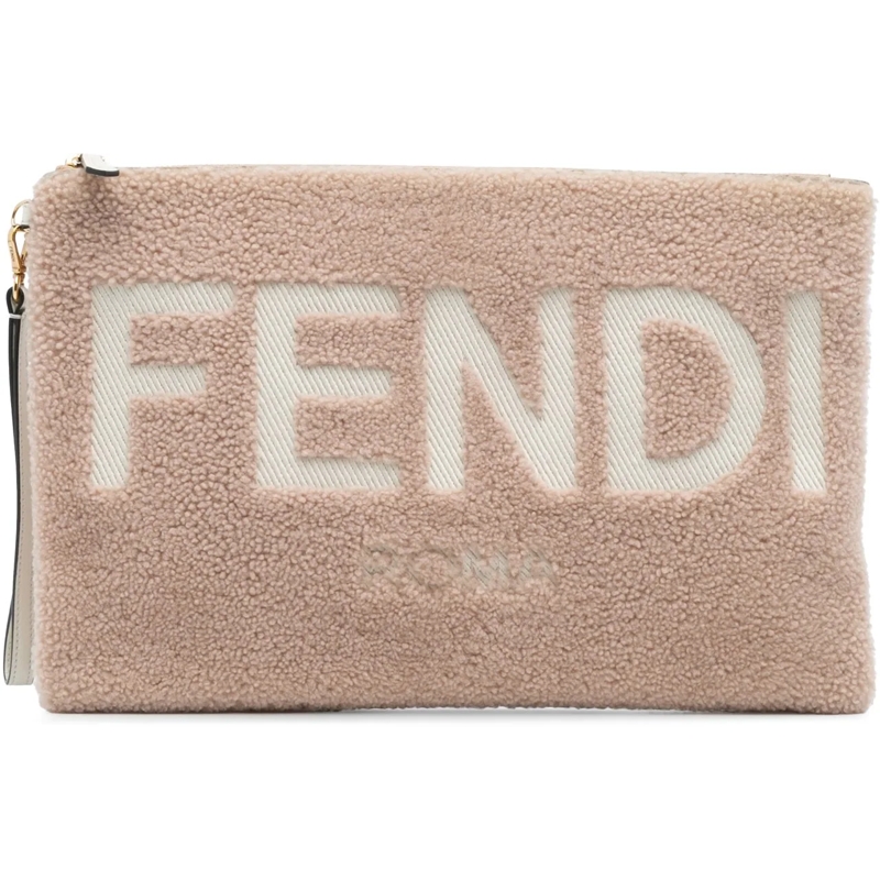 Fendi Pochette Shearling Logo Flat Pouch braun