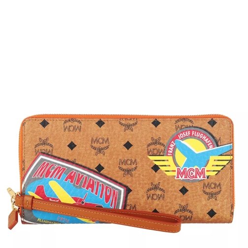 MCM Visetos Travel Patch Large Zip Around Cognac Continental Wallet-plånbok