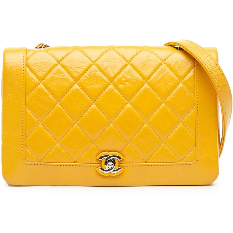Chanel Schultertasche Crumpled Calfskin Bi Quilted Vintage Full Flap gelb