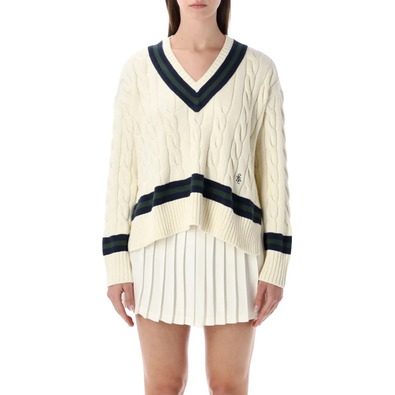 Sporty And Rich Pull Cotton Cableknit V-Neck Sweater Neutrals