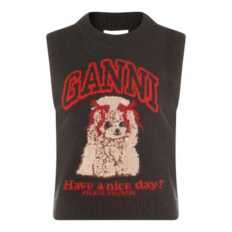 GANNI Pullover Sleeveless Sweater Vest With Playful Dog Graphic Black